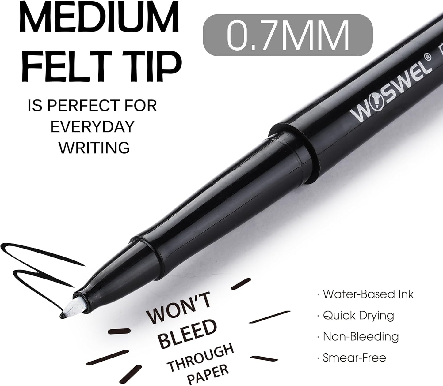 WOSWEL Black Felt Tip Pens, 32 Black Pens, 0.7mm Medium Point Felt Tip Markers Pens for Journaling, Note Taking, Planner, Writing,Drawing.Perfect for Art Office and School Supplies