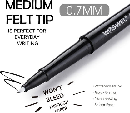 WOSWEL Black Felt Tip Pens, 32 Black Pens, 0.7mm Medium Point Felt Tip Markers Pens for Journaling, Note Taking, Planner, Writing,Drawing.Perfect for Art Office and School Supplies