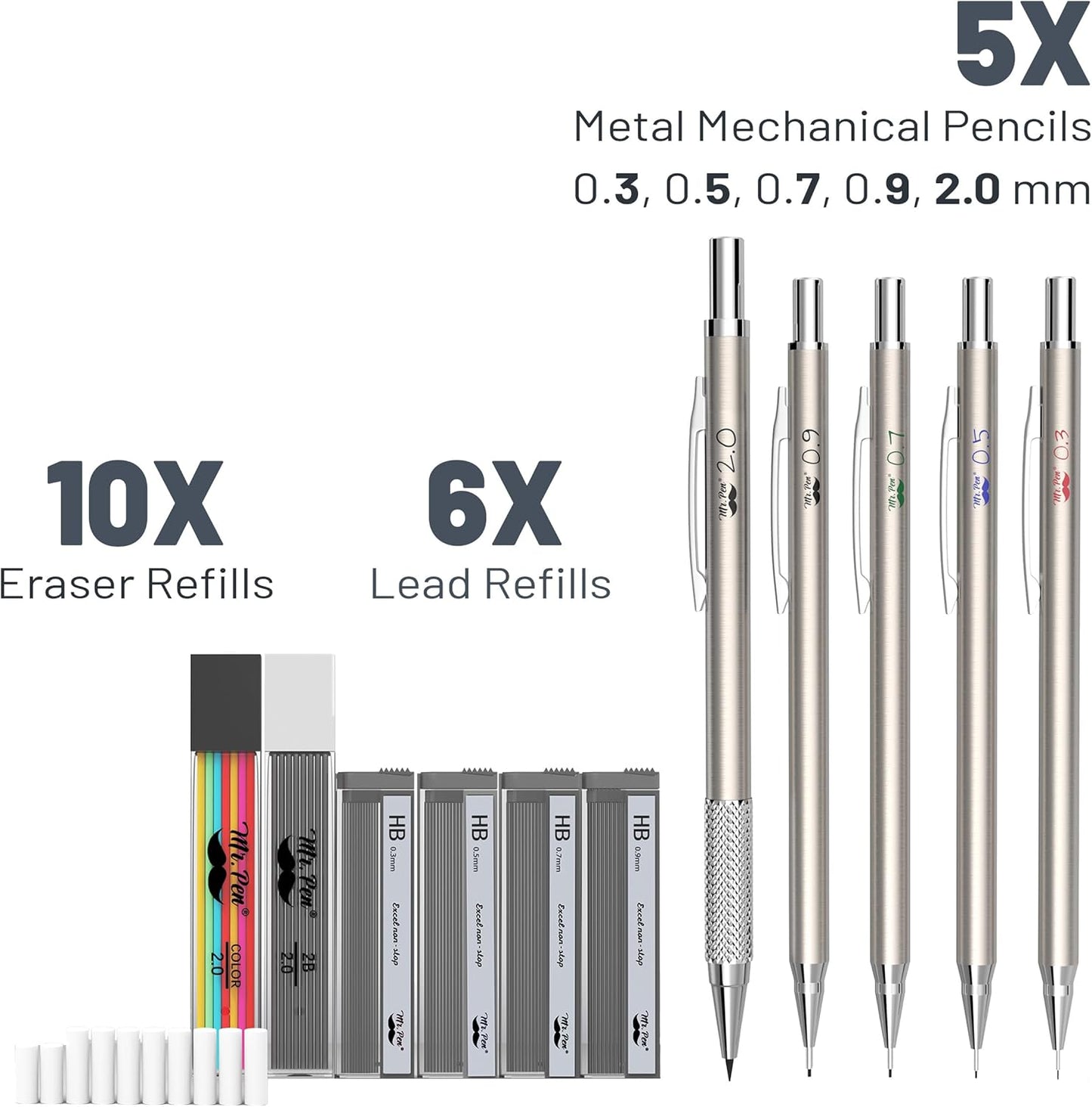 Mr. Pen- Metal Mechanical Pencil Set with Lead and Eraser Refills, 5 Sizes, 0.3, 0.5, 0.7, 0.9, 2mm, Drafting, Sketching, Architecture, Drawing Metal Mechanical Pencils