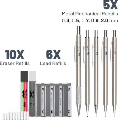 Mr. Pen- Metal Mechanical Pencil Set with Lead and Eraser Refills, 5 Sizes, 0.3, 0.5, 0.7, 0.9, 2mm, Drafting, Sketching, Architecture, Drawing Metal Mechanical Pencils