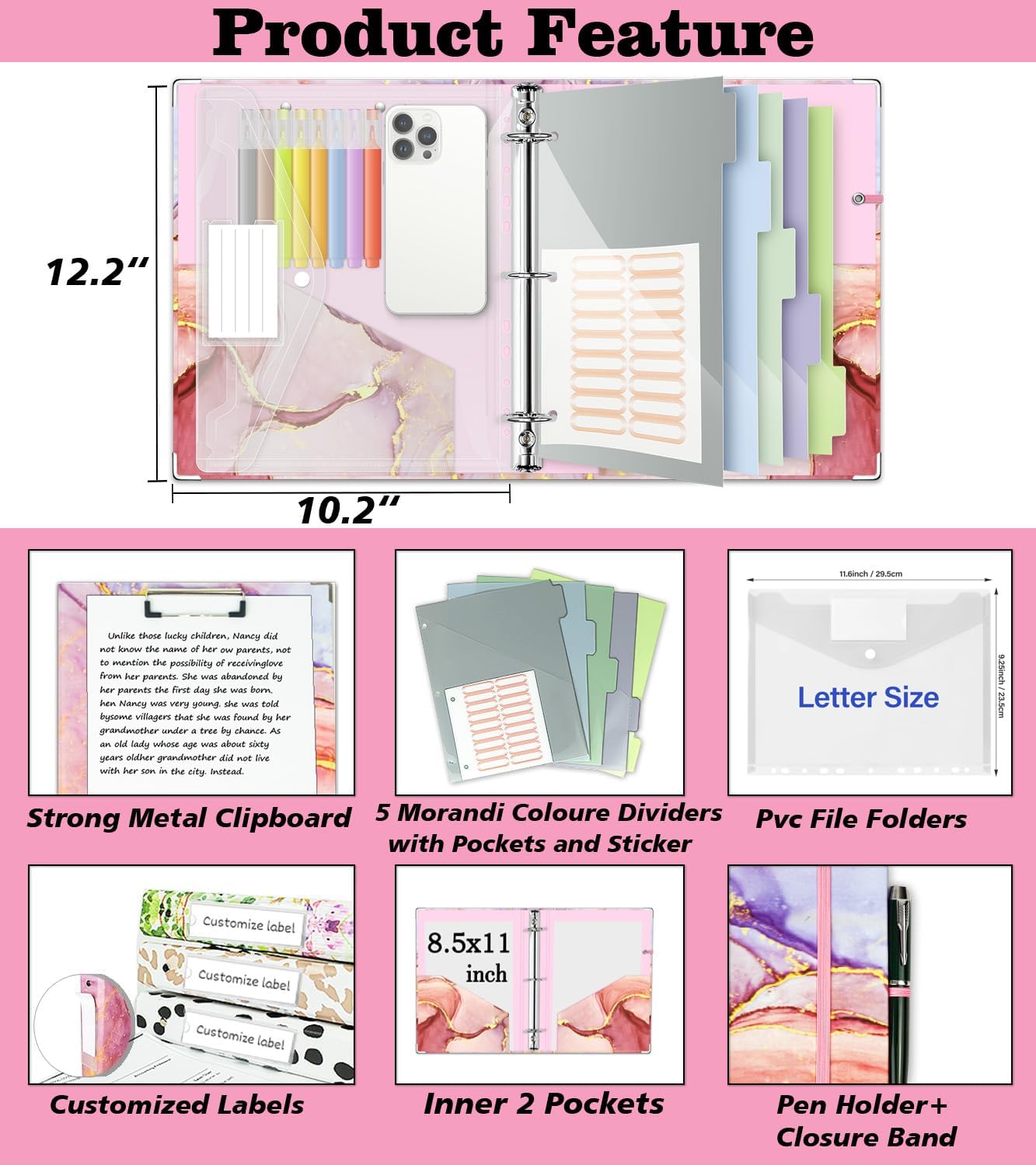 3 Ring Binder 1 Inch, Three Ring Binders Organizer with Clipboard, 5-Tabs Pockets Dividers, Plastic Folder, 18 Divider Stikers, BVSSX Pretty Binder with Pen Loop (Black Weeds, Letter Size)