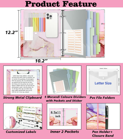 3 Ring Binder 1 Inch, Three Ring Binders Organizer with Clipboard, 5-Tabs Pockets Dividers, Plastic Folder, 18 Divider Stikers, BVSSX Pretty Binder with Pen Loop (Black Weeds, Letter Size)