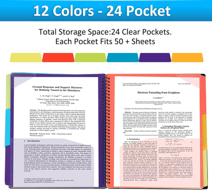 HABGP 12 Pocket Plastic folders with Pockets, 6 Colors Multi Pocket Folder Binder with Dividers, Office Organizer Folder Letter Size School Supplies