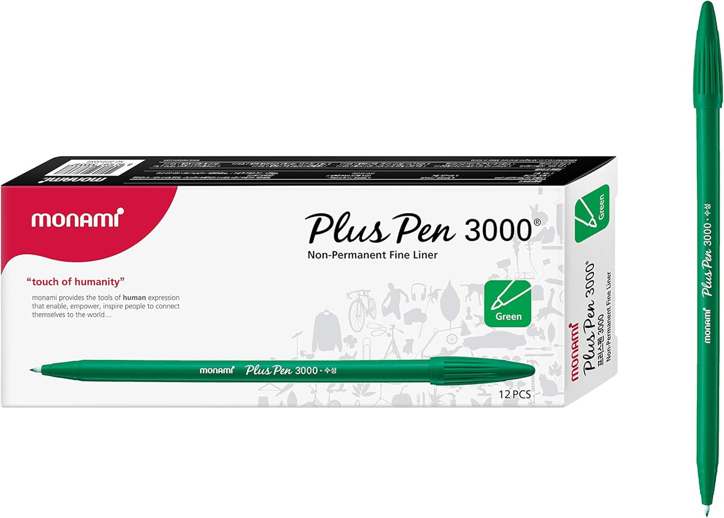 MONAMI Plus Pen 3000 Felt Tip Pens, Fine Point (0.4mm), Fine Liner, Writing/Journaling/Note Taking at home, school and office, Blue, 12-Count