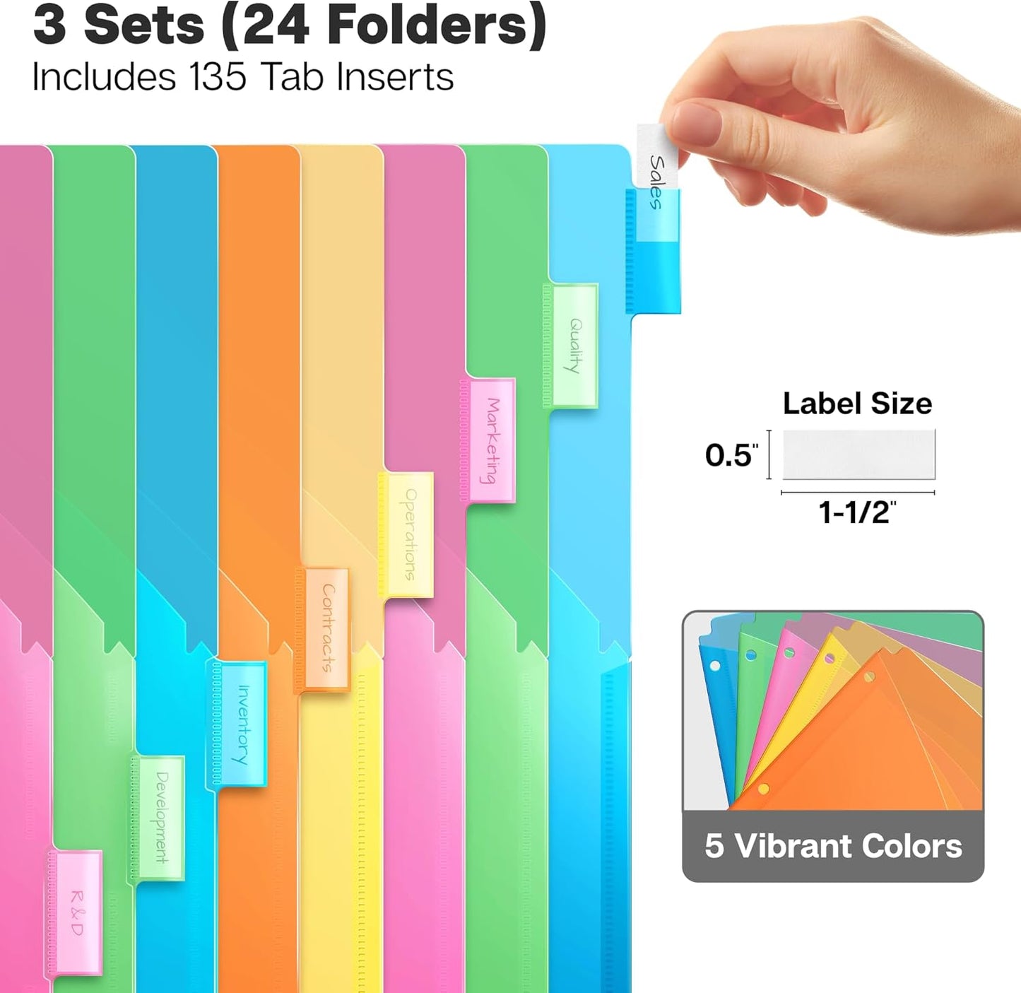 Dunwell 8-Tab Dividers with Pocket for 3-Ring Binders (3 Sets, 24 Count), Plastic One Pocket Dividers with Tabs, Slash File Jackets 3 Hole Punched for 8.5x11 Paper, Poly Pocket Notebook Dividers