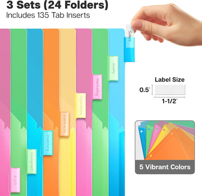 Dunwell 8-Tab Dividers with Pocket for 3-Ring Binders (3 Sets, 24 Count), Plastic One Pocket Dividers with Tabs, Slash File Jackets 3 Hole Punched for 8.5x11 Paper, Poly Pocket Notebook Dividers