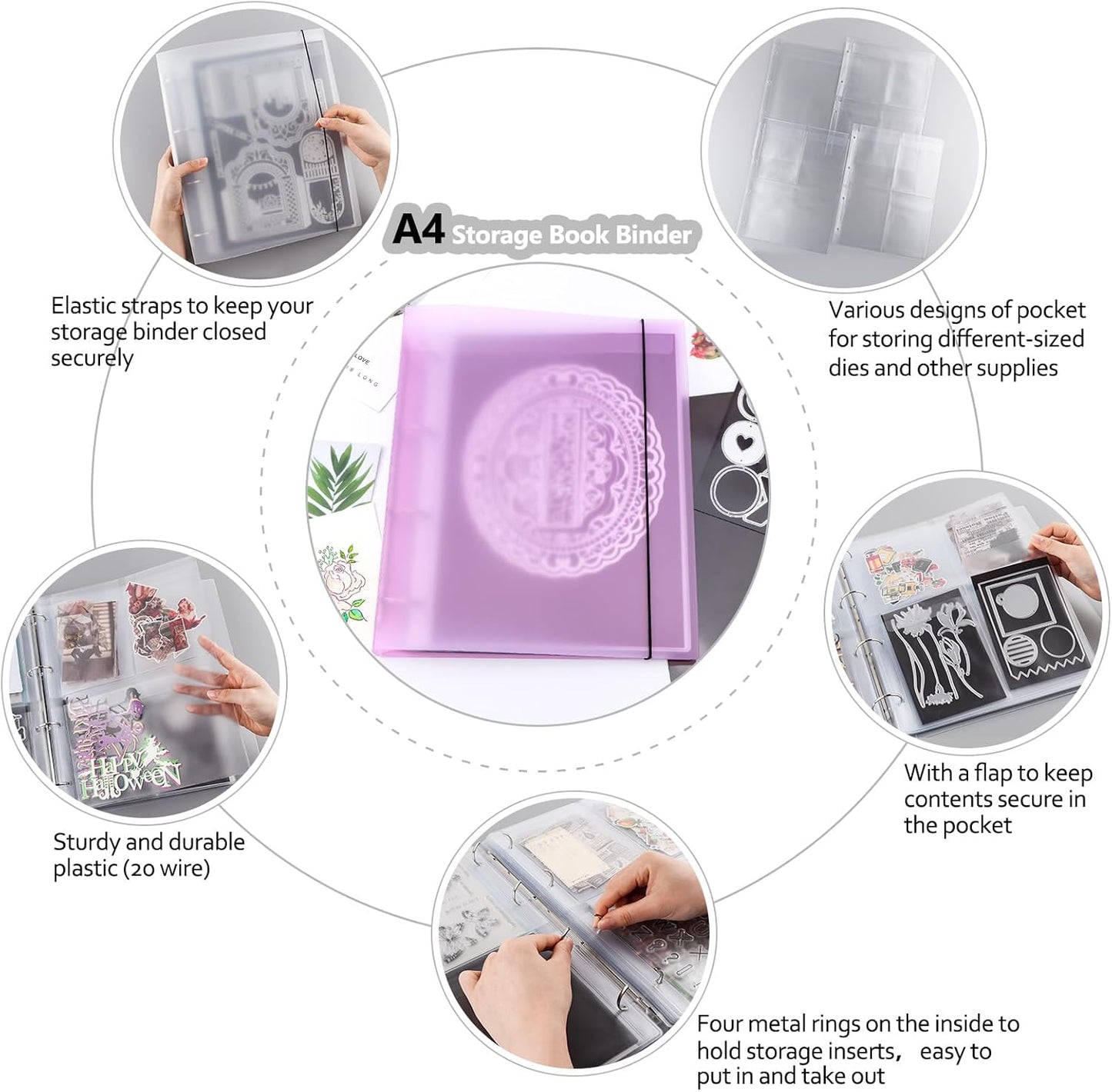 A4 4-Holes Round Ring View Binders Plastic Cover, Refillable Notebook Journal Binder File Folder, Loose Leaf Sheet Protector/DIY Scrapbooking/Binder Cover Protector (Purple)