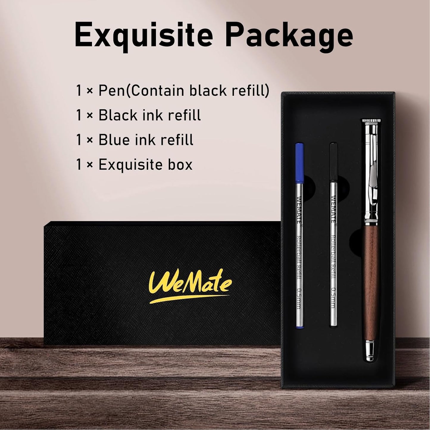 WEMATE Wood Rollerball Pen Set, Extra 2 Ink Refills(1 Black & 1 Blue), Fancy Writing Pen Nice Luxury Office Gift for Men, Professional and Executive, Cool Wooden Pen for Journaling - Red Padouk