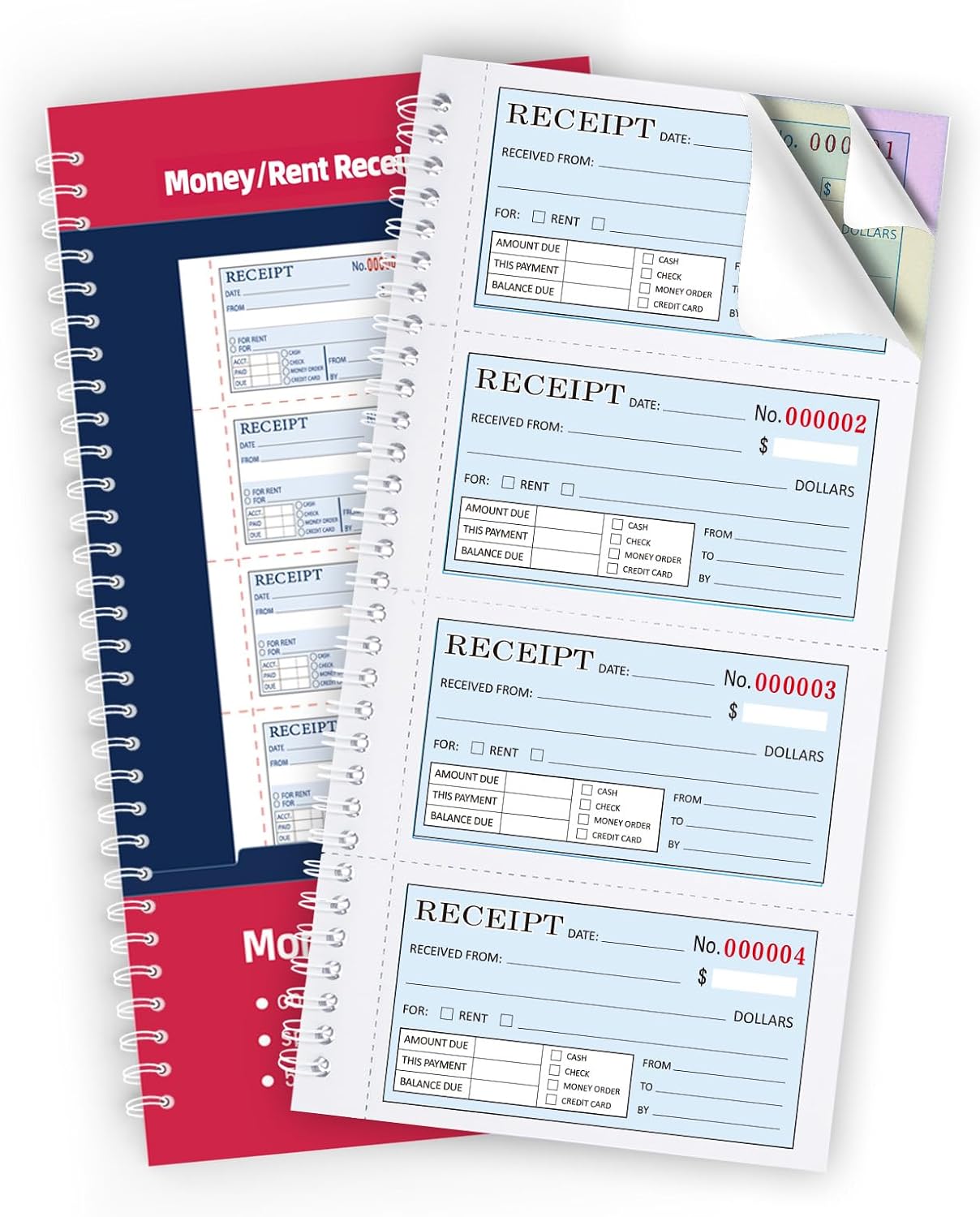 Zzrywuty Money and Rent Receipt Book with Cardboard Insert,2-Part Carbonless,5.3”x11.2” Spiral Bound,200 Sets per Book,4 Receipts per Page for Office Supplier,Rent and Cash Transaction