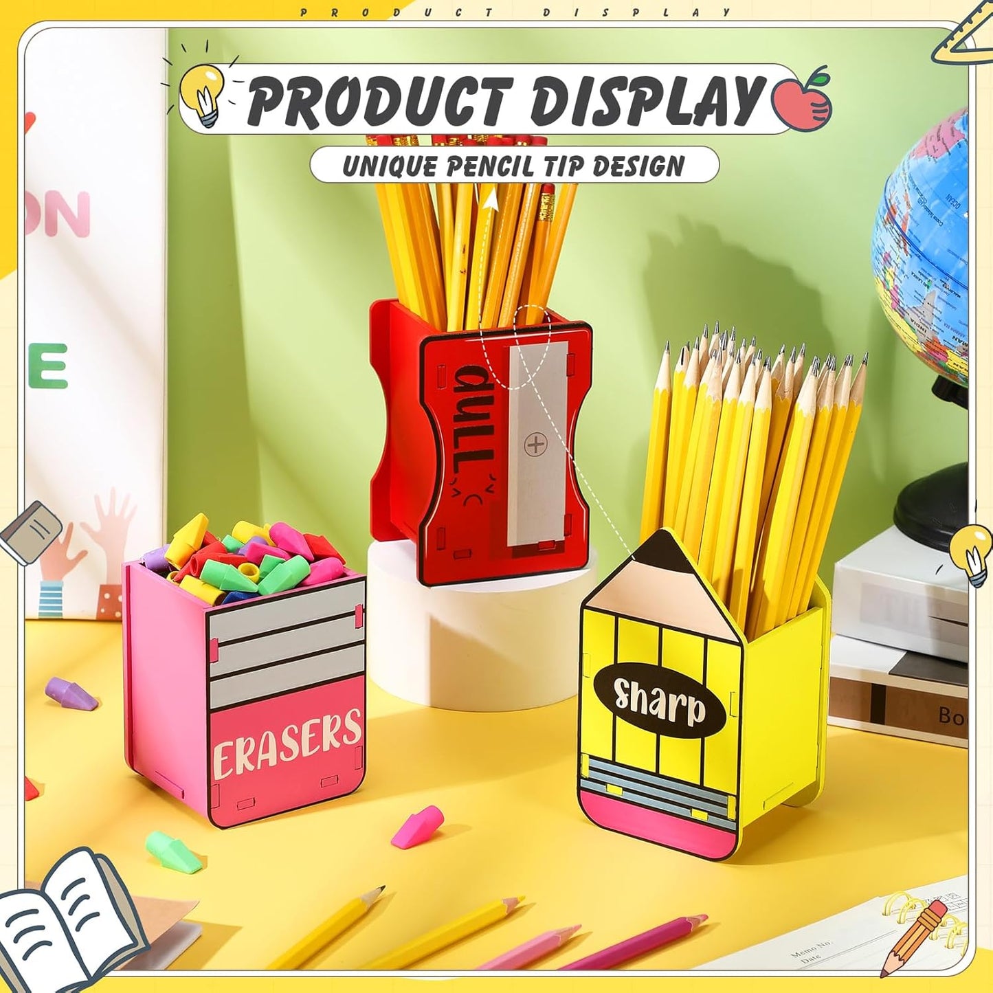AmazingSpark 3 Pcs Pencil Shaped Holder Sharp and Eraser and Dull Holder Wooden Dispenser Pencil Storage Organizer for Back to School Management Organization (Classic)