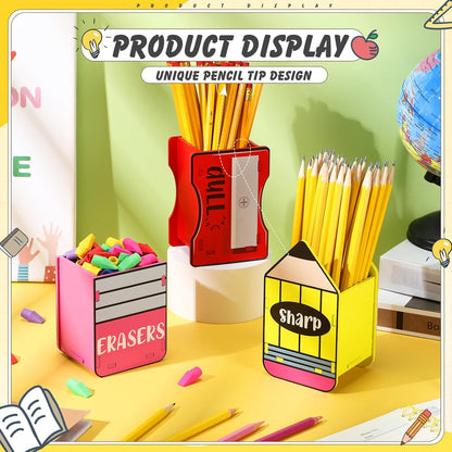 AmazingSpark 3 Pcs Pencil Shaped Holder Sharp and Eraser and Dull Holder Wooden Dispenser Pencil Storage Organizer for Back to School Management Organization (Classic)