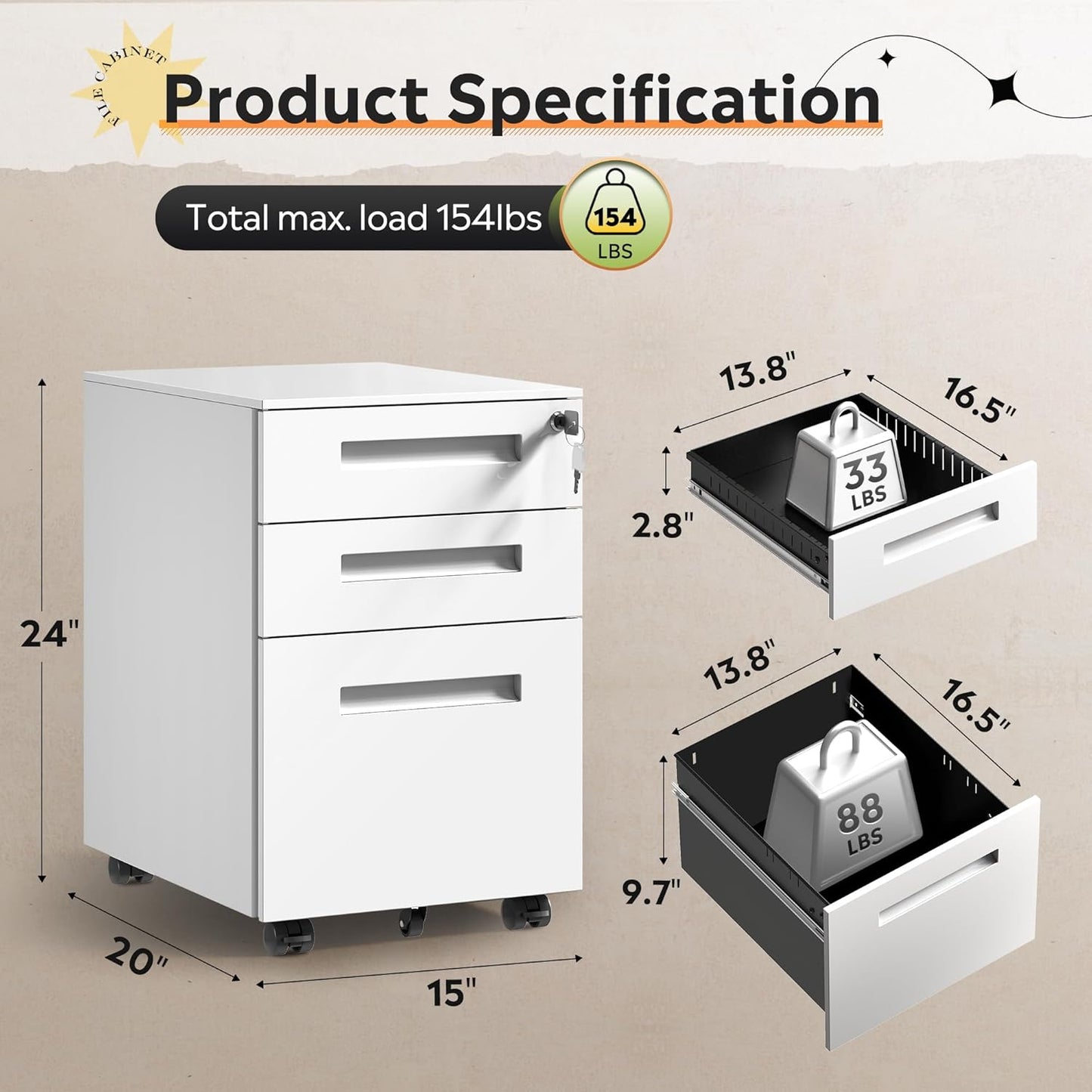 DEVAISE 3 Drawer Mobile File Cabinet Under Desk Office, Fully Assembled Except Casters, Letter/Legal Size, Black