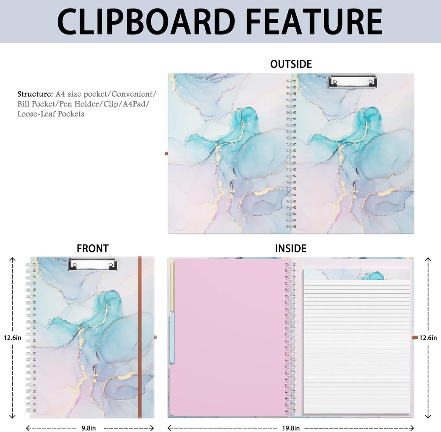Rimilak Spiral Clipboards Folio with Refillable Lined Notepad, 14.5 x 9.8 In, Hardcover Cover with 5 Interior Pockets, Elastic Band and Pen Loop Series. Cute Stylish Clipfolio, Daisy Flower