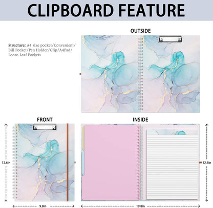 Rimilak Spiral Clipboards Folio with Refillable Lined Notepad, 14.5 x 9.8 In, Hardcover Cover with 5 Interior Pockets, Elastic Band and Pen Loop Series. Cute Stylish Clipfolio, Daisy Flower