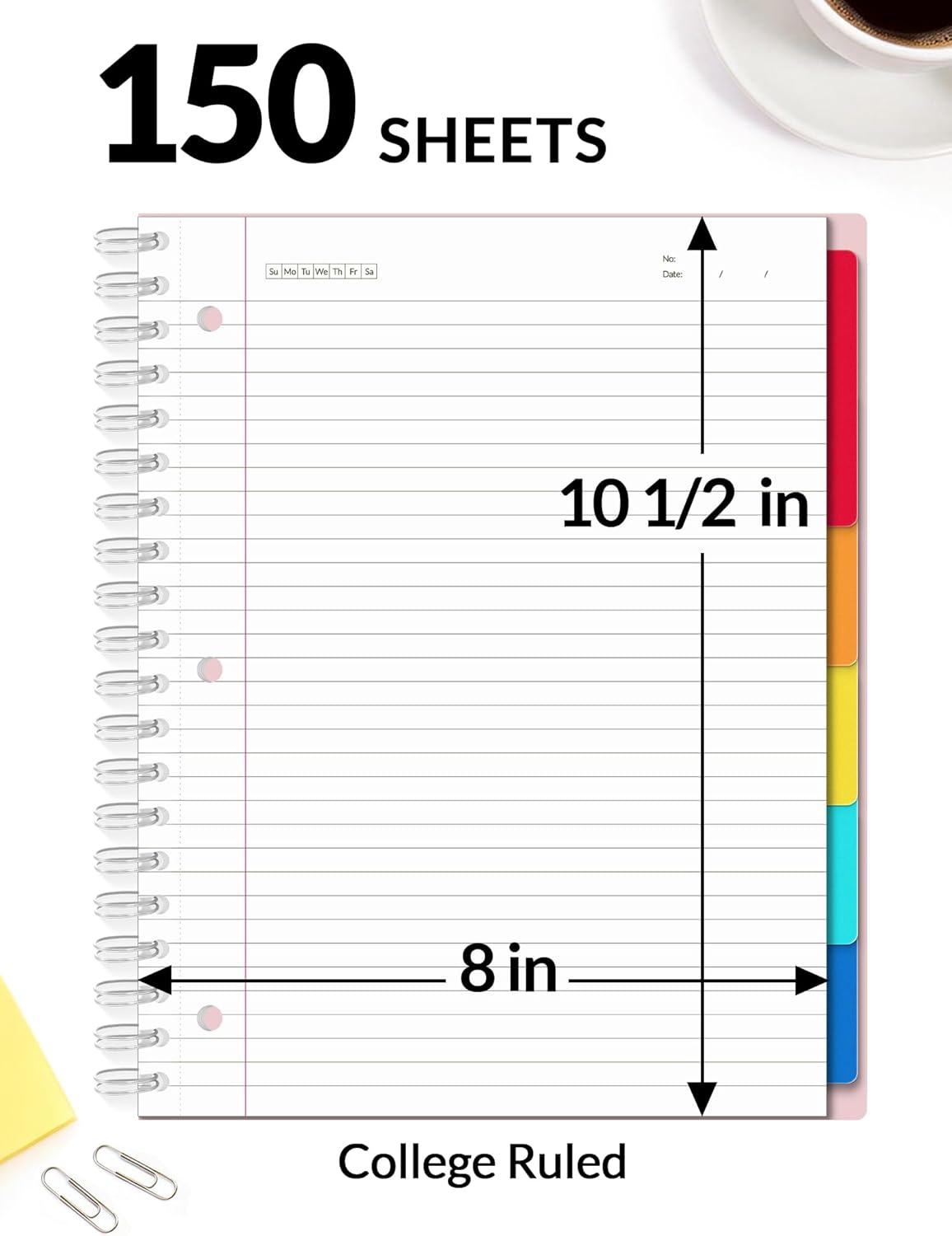 SUNEE Spiral Notebooks for Work with Removable Dividers & Tabs – College Ruled 5 Subject, 300 Pages, 3 Hole Punched, Durable PP Cover, 8"x10.5" – Notebooks for Office or School, Black