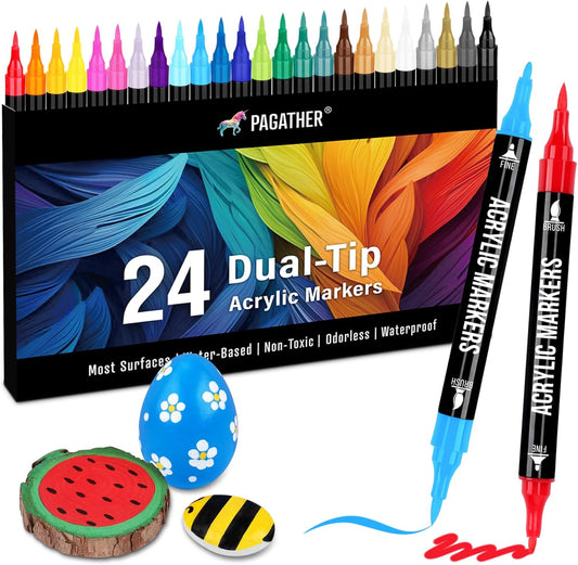 Pagather 24 Colors Acrylic Paint Markers, Dual Tip with Fine Tip and Brush Tip Pens for Stone, Wood, Calligraphy, Canvas, Ceramic, Metal, Glass, Rock Painting, DIY Crafts