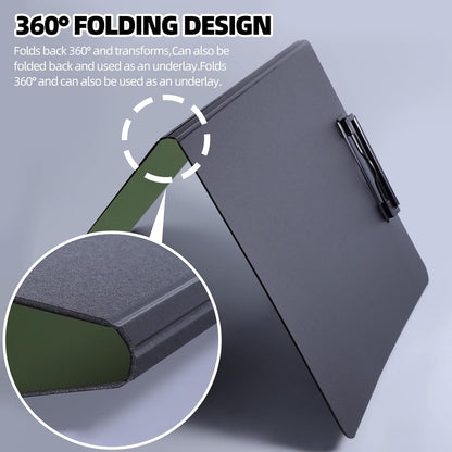 FRETONBA Clipboard Folder, A4 Foldable Clipboard with Horizontal and Vertical Double Metal Clips, 360 Degree Foldable Binder Clipboards with Pen Holder, File Cover Work Folder Clipboards, Green