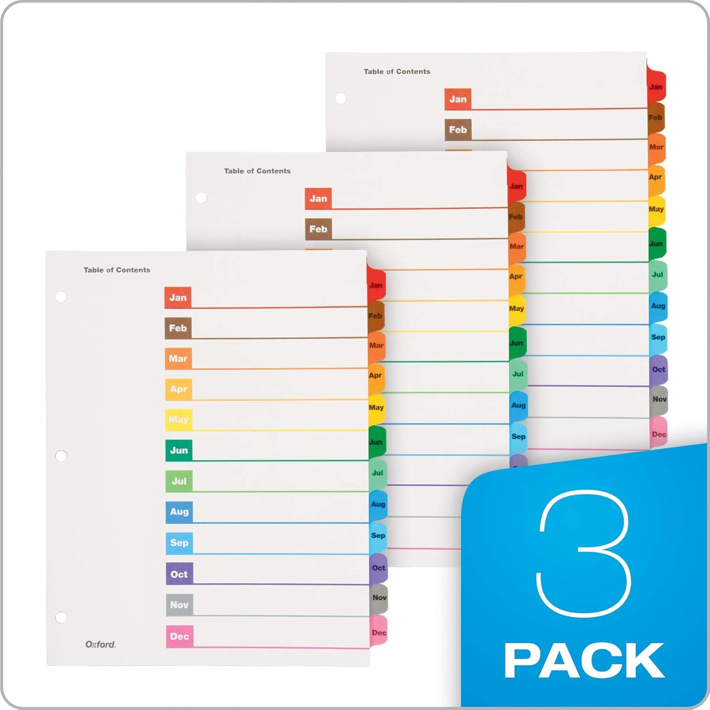 Oxford Binder Dividers, 12 Tabs, Numbered 1–12, 3 Pack, Customizable Table of Contents Page, Reversible Multicolor Tabs, 3-Hole Punched for Binders