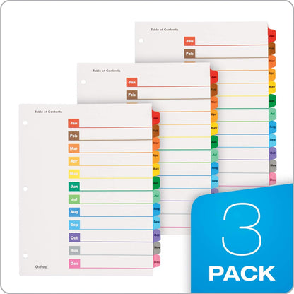 Oxford Binder Dividers, 12 Tabs, Numbered 1–12, 3 Pack, Customizable Table of Contents Page, Reversible Multicolor Tabs, 3-Hole Punched for Binders