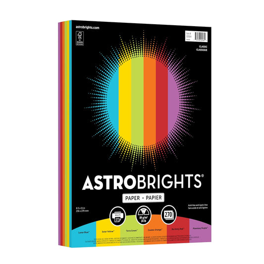 Astrobrights Colored Paper, Classic Assortment, 6-Colors, 24 lb./89 gsm, 8.5” x 11”, 270 Sheets, Acid‑Free, Lignin‑Free, Perfect for School, Office & DIY (92064)