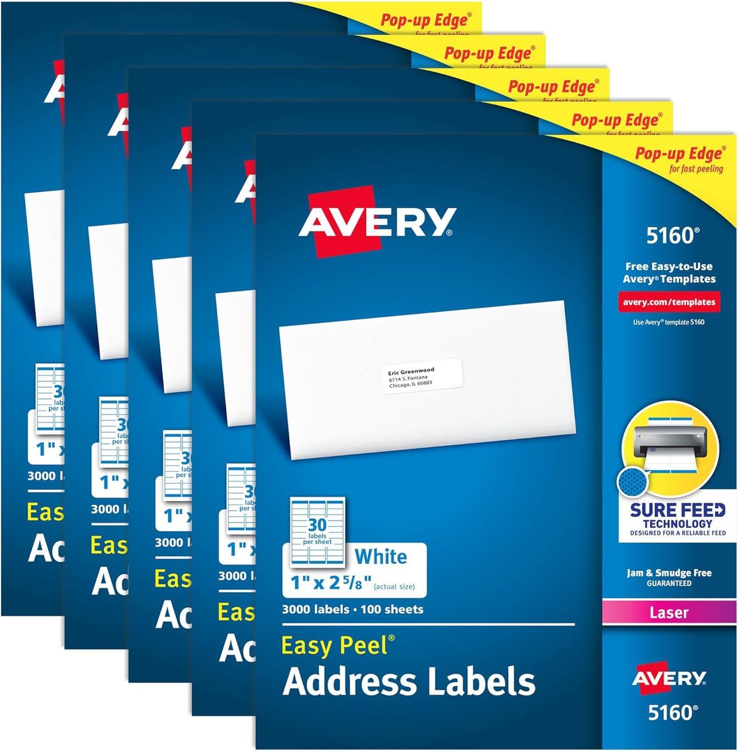Avery Easy Peel Printable Address Labels with Sure Feed, 1" x 2-5/8" Customizable Stickers, White, 7,500 Blank Mailing Labels, Great for Mailing, Shipping, and More (45160)
