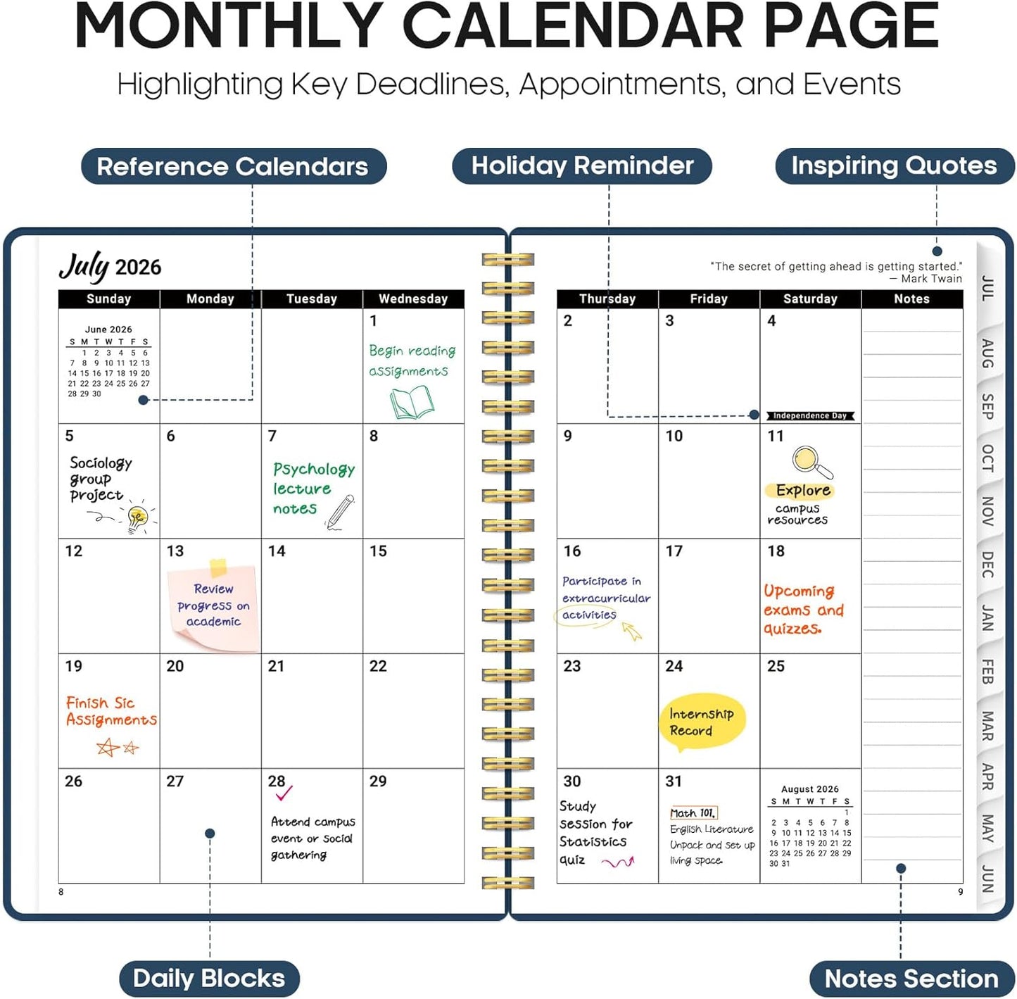 Planner 2026-2027, Academic Year Monthly and Weekly Calendar Planner, Jul 2026 - Jun 2027, Hardcover Teacher Student Planning Agenda book with Tabs, Perfect for School Office Supplies, 6.3" x 8.5" - Wildflowers