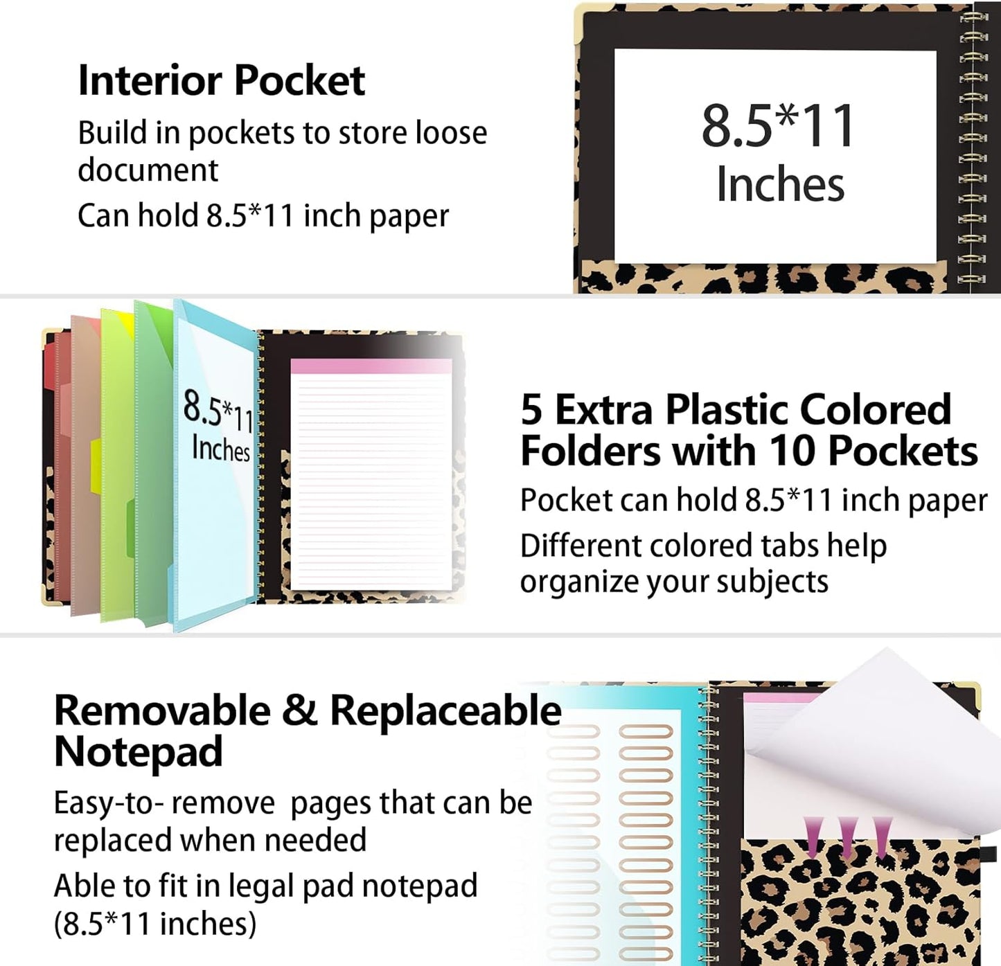 Clipboard Folder with Notepad Refillable Lined for Letter Size (11" x 8.5"), 5 Dividers with Storage 10 Pockets, Cute Spiral Foldable Clipboard with Metal Clip School Office Supplies (Sunflowers)