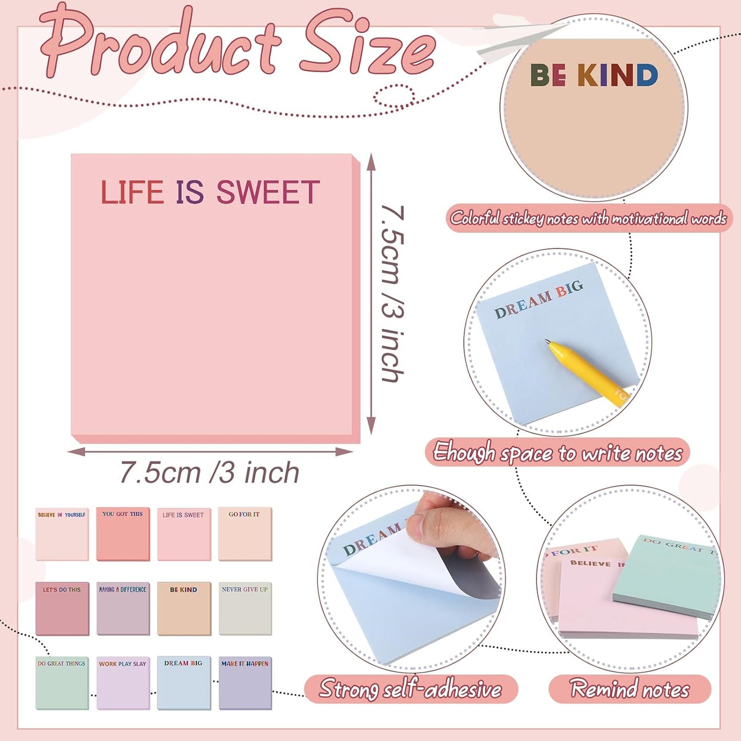 Yinder 48 Pcs Inspirational Sticky Notes Cute Motivational Sticky Notes Pad End of Year Employee Appreciation Gifts Bulk for Teacher Nurse Coworkers Office Supplies 3 x 3'' (Thank You,Dark Color)