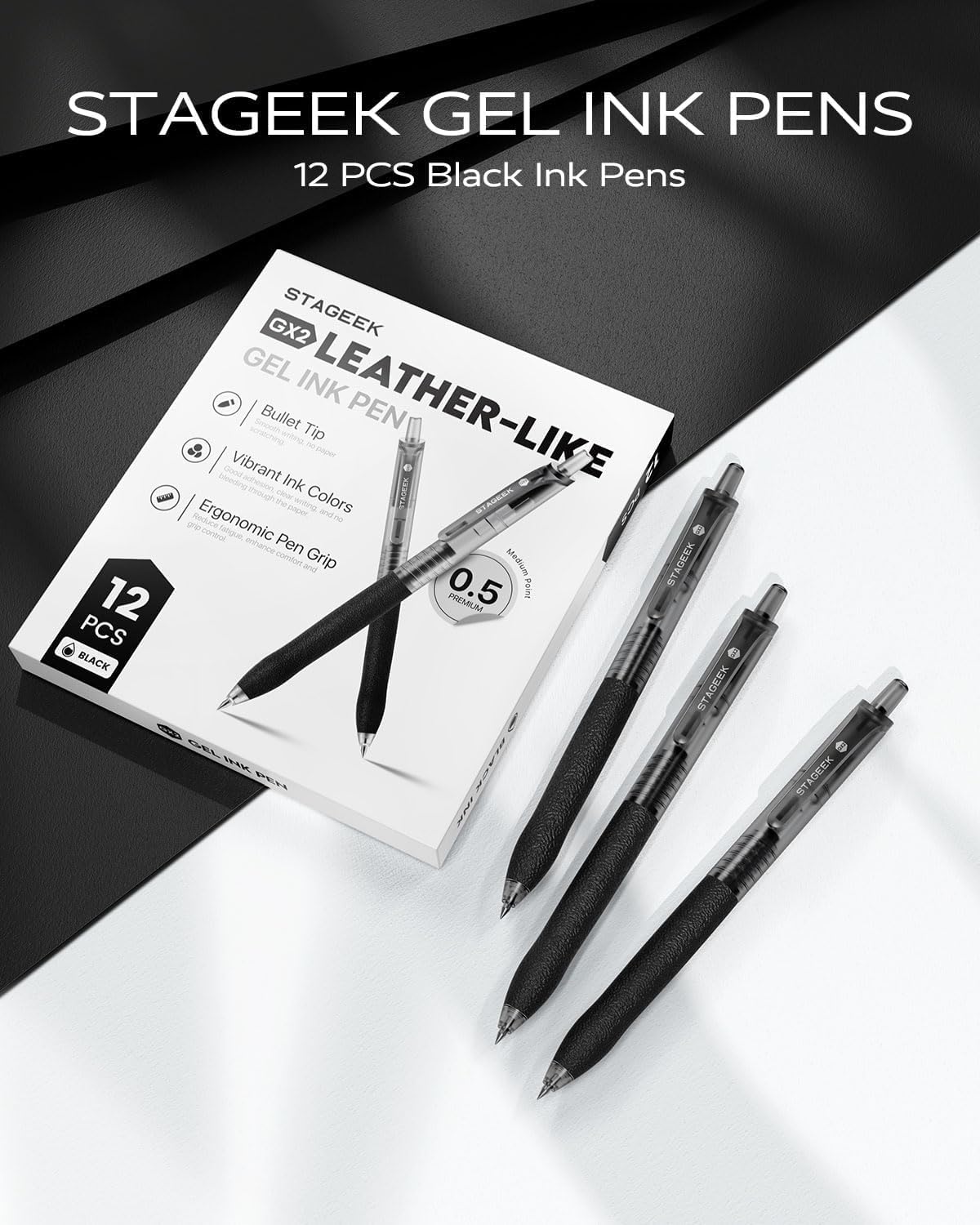 STAGEEK 0.5mm Gel Pens Fine Point Smooth Writing Pens, 12PCS Black Ink Pens, Retractable Leather-Like Black Gel Pens, Business Gel Pen for Journaling, Writing, School, Office Use (Black)