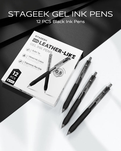 STAGEEK 0.5mm Gel Pens Fine Point Smooth Writing Pens, 12PCS Black Ink Pens, Retractable Leather-Like Black Gel Pens, Business Gel Pen for Journaling, Writing, School, Office Use (Black)