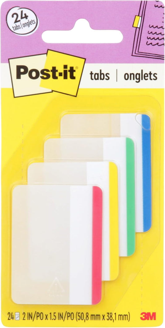 Post-it Sticky Tabs, 2 in. x 1.5 in., 4 Pads of Book Tabs in Assorted Primary Colors for Bookmarking, Annotating, Reading, and Reminders, Red, Yellow, Green, and Blue Colors (24 Total Count)