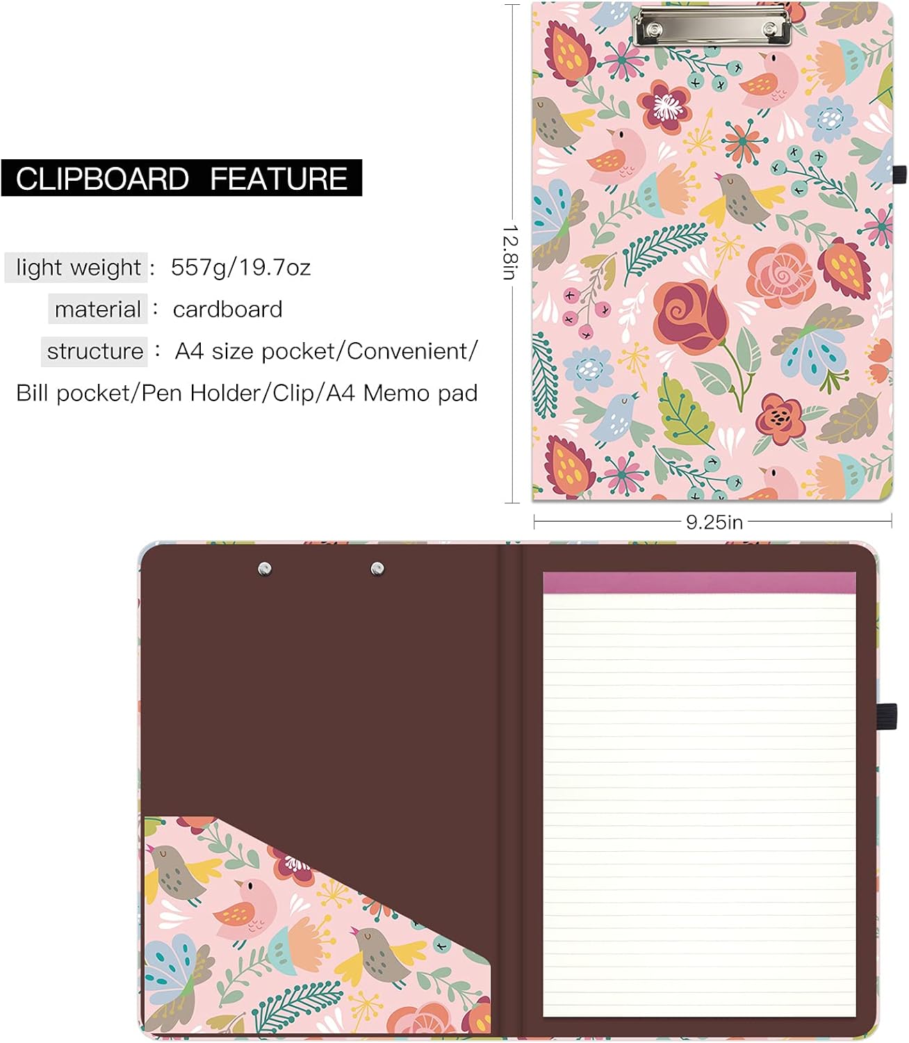 Hongri Clipboard Folio with Refillable Lined Notepad and Interior Storage Pocket for Students, Classroom, Office, Women, Man, Cute Custom Pattern, Size 12.8 x 9.2 in, Classic Flower