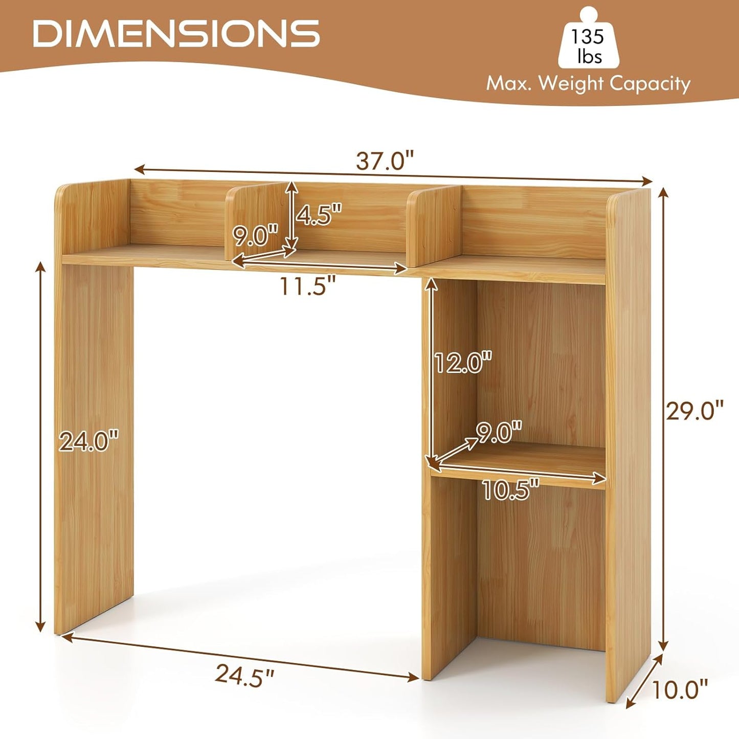 Tangkula Desktop Bookshelf, Countertop Storage Hutch with 5 Shelves for Computer Desk, Desk 3-Tier Display Rack, Multipurpose Wood Desktop Hutch Storage Organizer for Dorm Office Home