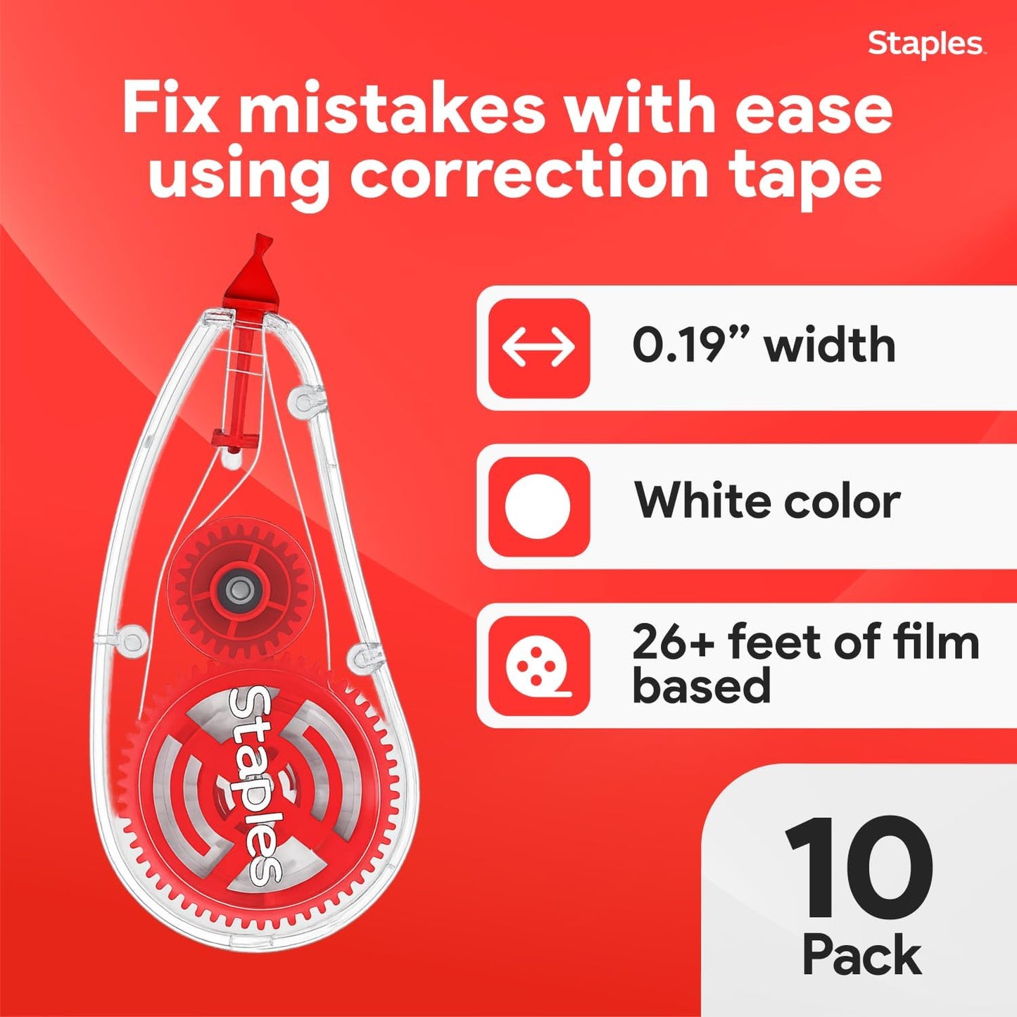 STAPLES Correction Tape, White, 10 Pack – Sidewinder Applicator for Instant, Precise Corrections
