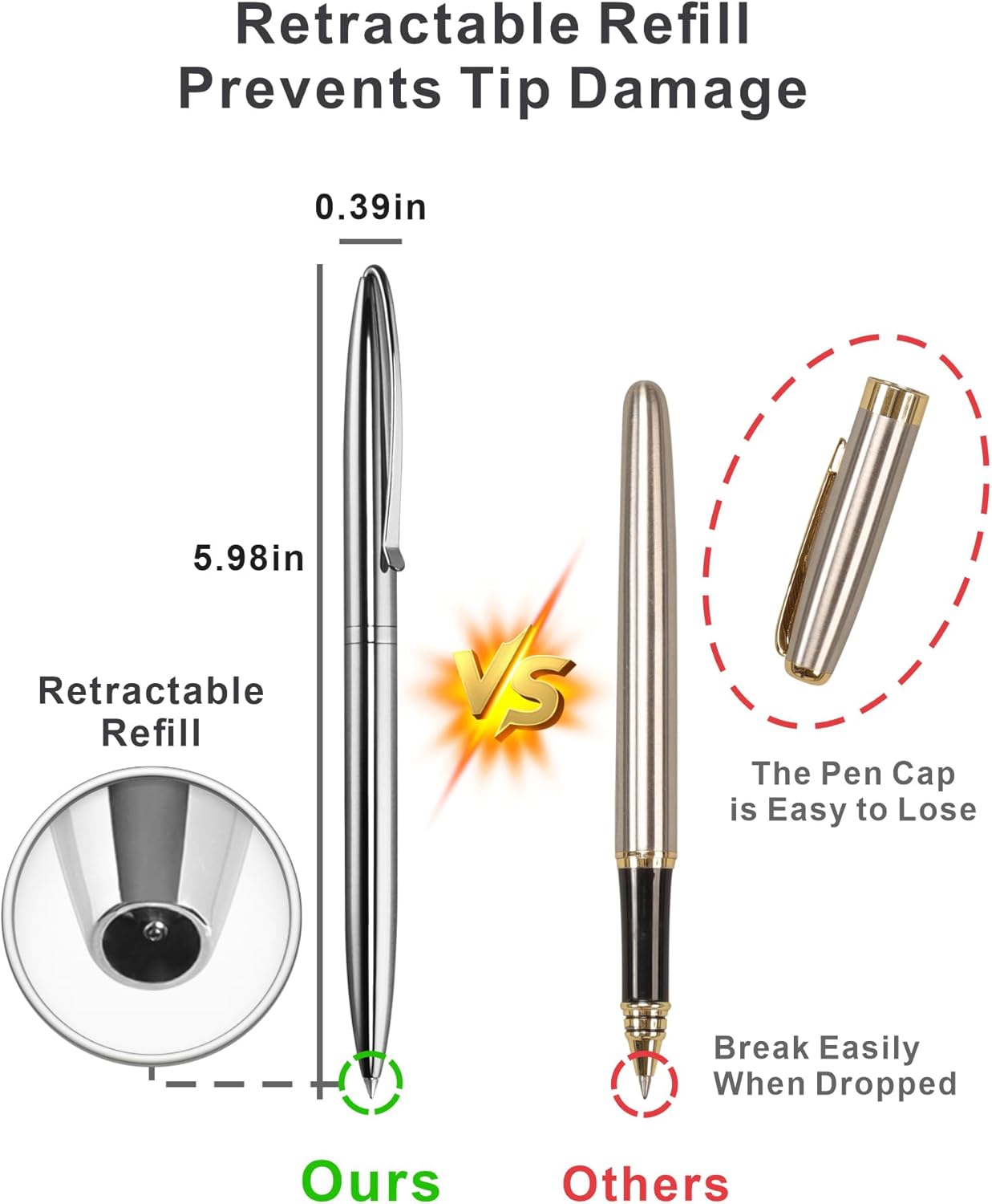 Cambond Slim Ballpoint Pens Bulk - Black Ink 1.0mm Medium Point Retractable Metal Pen for Police Uniform, Flight Attendant & Office, 10 Pack (Black Barrel)
