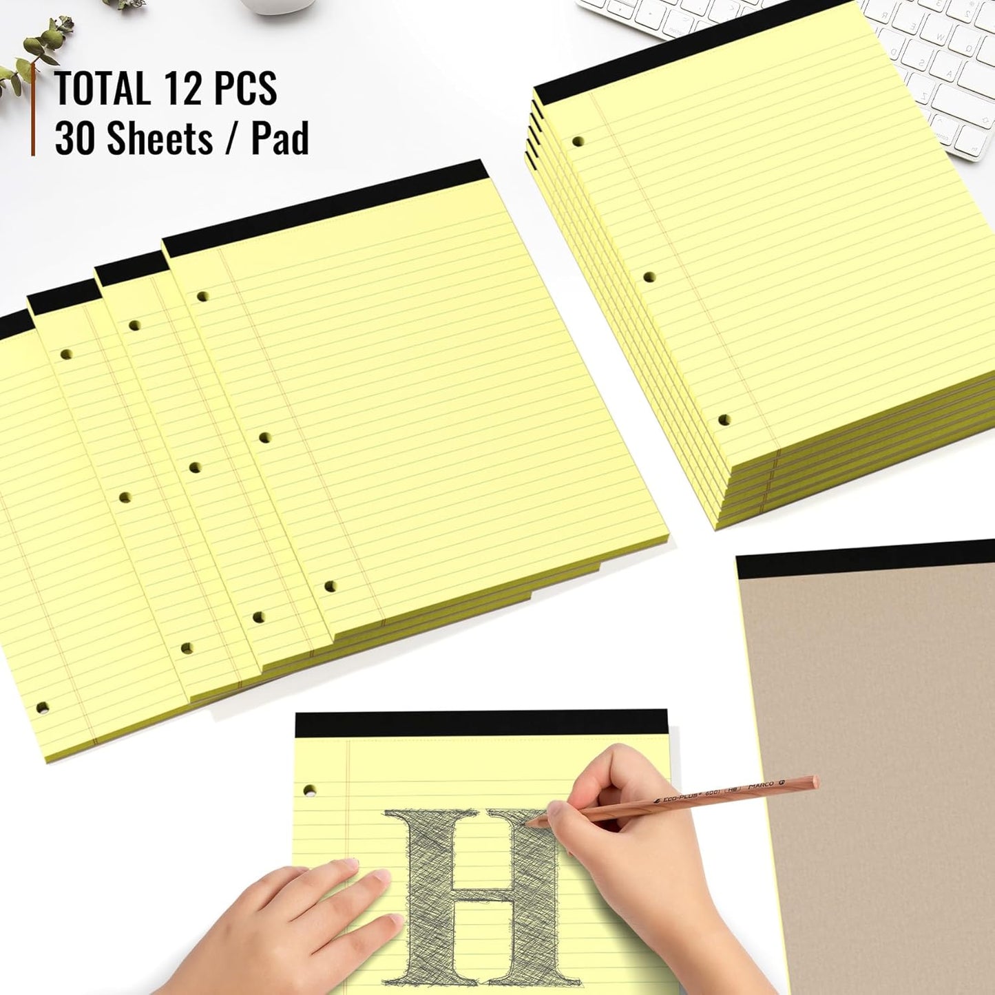 HAUTOCO 12 Pack 8.5 x 11 Legal Pads White Wide Ruled Notepads Perforated Writing Pads, 30 Sheets Per Notepad, 3-Hole Punched Paper, Writing Note Pads for School, Home, Office, Business