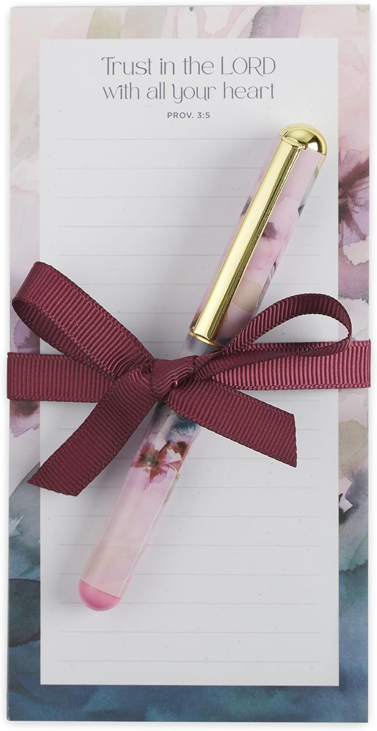 Christian Art Gifts Compact Magnetic Notepad & Medium Ballpoint Pen Set: Trust in the Lord Inspirational Scripture, Shopping Lists, Memos, Reminders, 70 Lined Easy Tear-off Sheets, Purple/Teal Floral