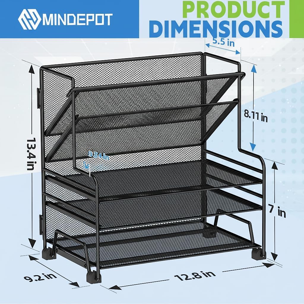 MINDEPOT 4-Tier Paper Organizer + 3-Pocket File Holder + Drawer + Pen Holders, Desktop File Organizers Paper Tray for Office Supplies School Classroom Organization (Black, No Drawer & Pen Holder)