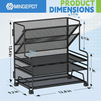 MINDEPOT 4-Tier Paper Organizer + 3-Pocket File Holder + Drawer + Pen Holders, Desktop File Organizers Paper Tray for Office Supplies School Classroom Organization (Black, No Drawer & Pen Holder)