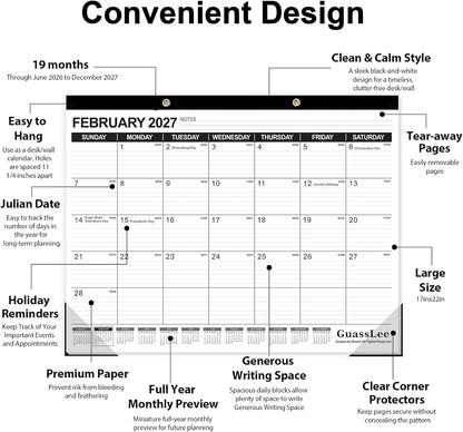 GuassLee Desk Calendar 2026-2027 - 19 Months Academic Calendar 17" × 11.5" Desktop Calendar from Jun. 2026 to Dec. 2027 with Julian Date for Home School Office Desk Top Organizing