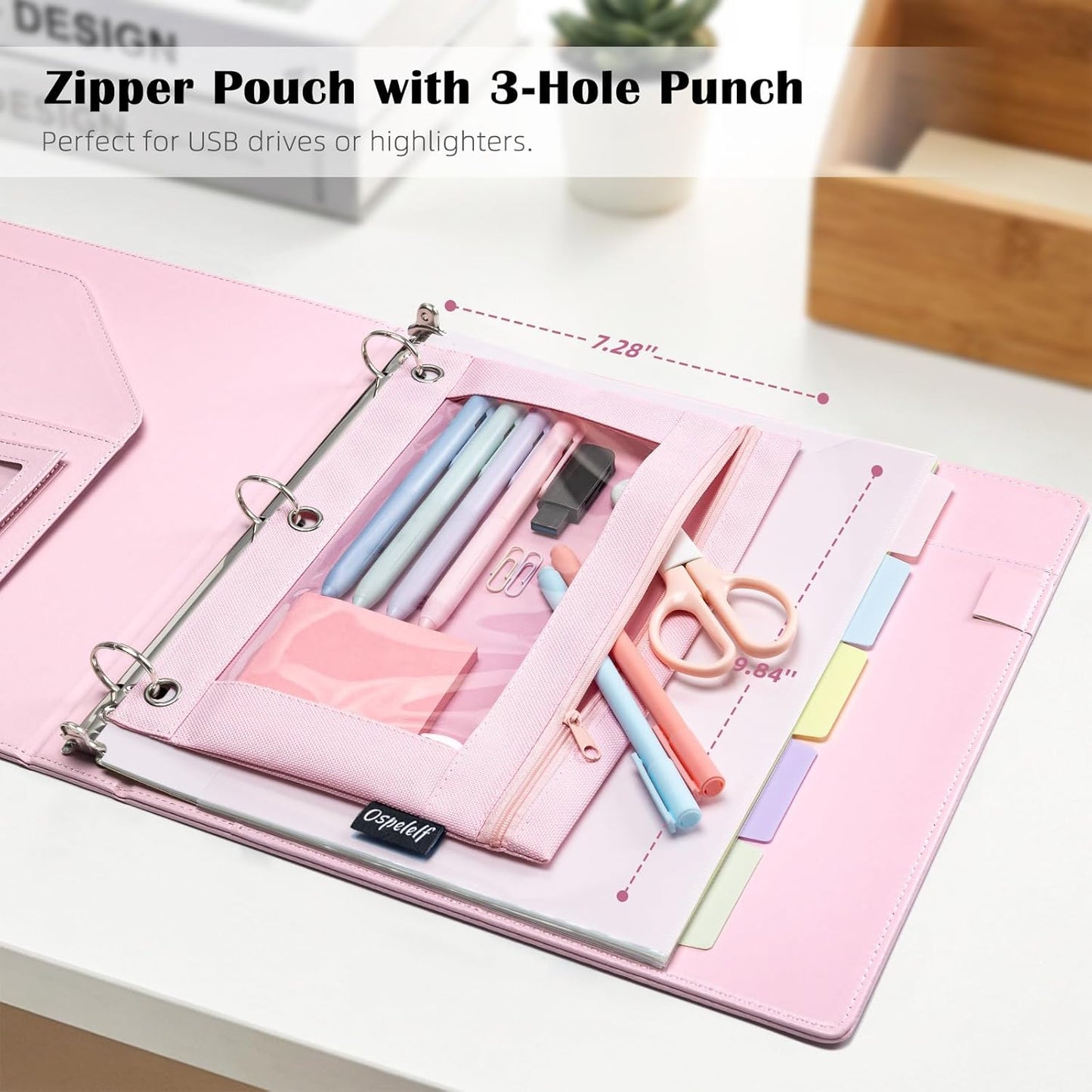Ospelelf Glitter Leather Clipboard Binder 1 Inch, Magnetic Clipboard Folio Organizer with 5 Pocket Dividers & Zipper Pouch, Cute 3 Ring Document Organizer Binder for Office, Glitter Pink