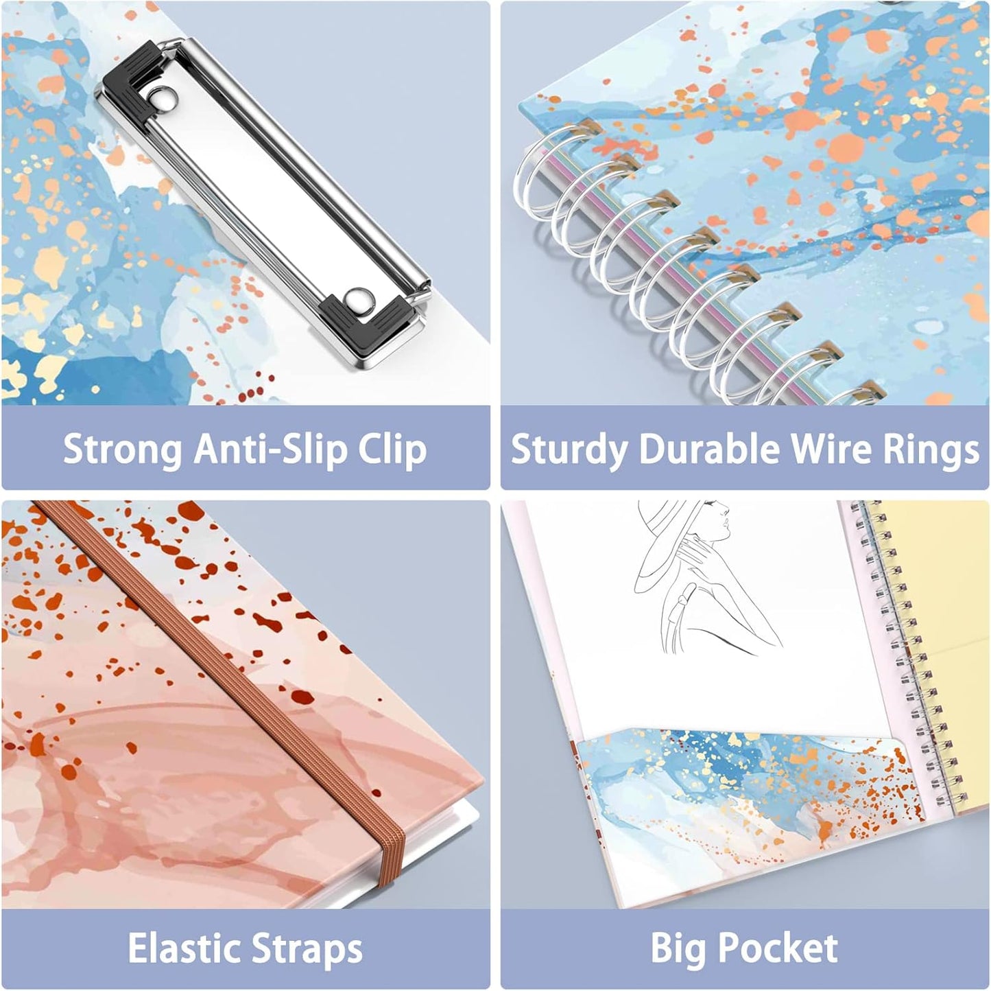 Rimilak Spiral Clipboards Folio with Refillable Lined Notepad, 14.5 x 9.8 In, Hardcover Cover with 5 Interior Pockets, Elastic Band and Pen Loop Series. Cute Stylish Clipfolio, Daisy Flower