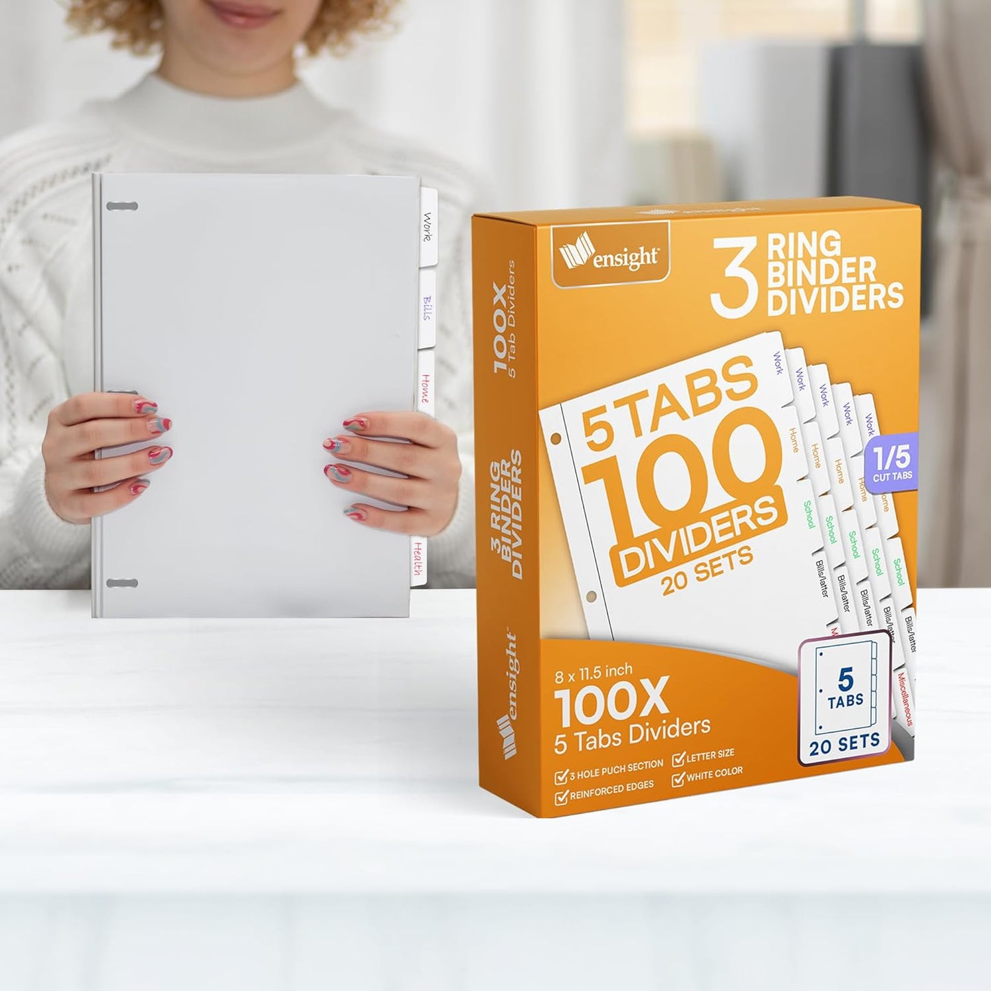 Ensight 3 Ring Page Dividers Bulk, 1/5 Cut Tab Dividers, 100 Per Box - Divider Pages with Tabs, Decorative Printable Rewritable Divider Tabs, Exhibit Tab Dividers for 3 Ring Binders Bulk