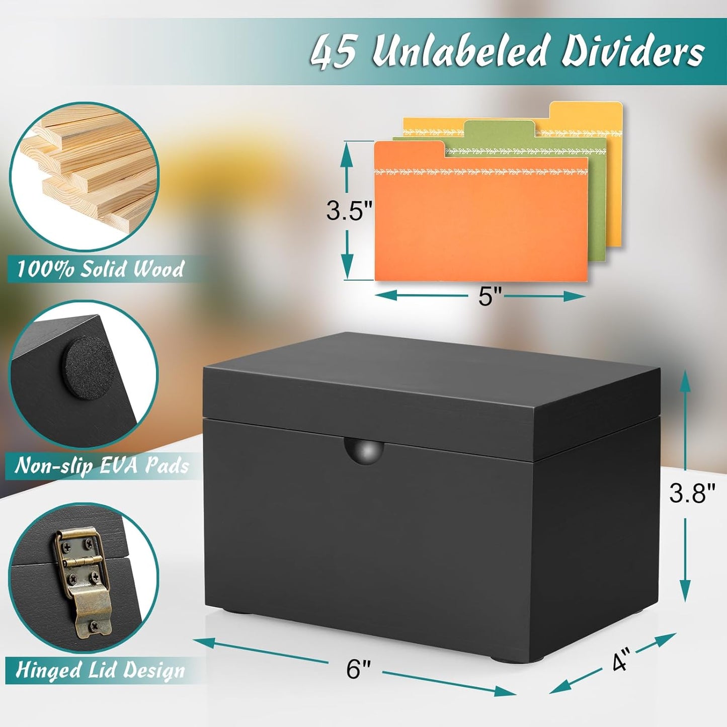 DRASTAR Index Card Holder, 3x5 Index Card Box, Wooden Index Card Organizer with 45 Dividers, Flashcard Notecard Holders for Home Office, Brown