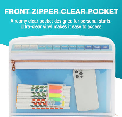 H4D 13 Pocket Expanding File Folder Organizer with Front Clear Pounch, Accordion File Organizer with Zipper Clourse, Fit for Letter Size Papers, Pink