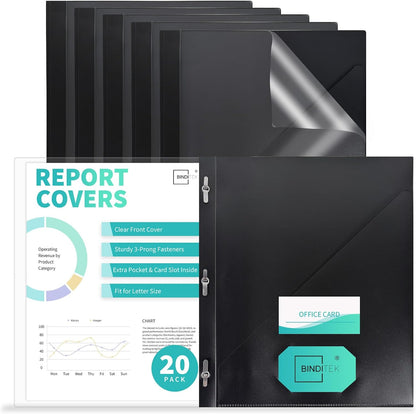 Binditek 10 Pack Heavy-Duty Clear Front Report Covers with 3 Prongs, 100-Sheet Capacity, Plastic Report Folder with Black Back Covers, 3 Metal Prongs Fasteners, for Letter Size, Office Supplies