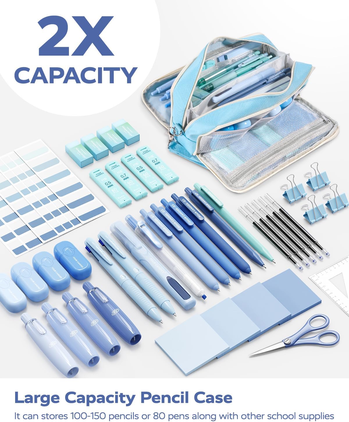 Four Candies Blue School Supplies, Gel Pens with Black Ink, Correction Tapes,Pastel Highlighters, Mechanical Pencils, Sticky Notes, Index Post for Bible Study Stationary College Essentials