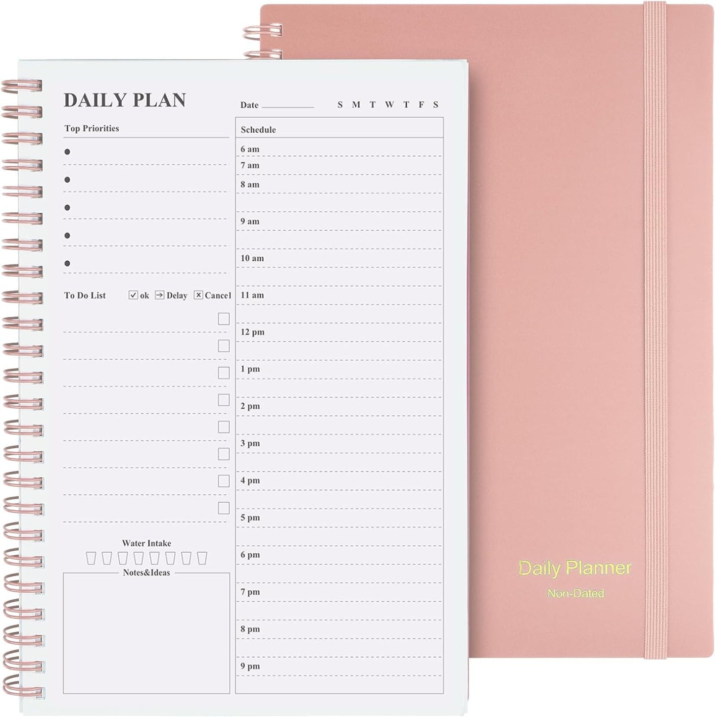 Daily Planner Undated, Asten To Do List Notebook Hourly Schedules Spiral Appointment Planner for Men and Women,PVC Hardcover,Elastic Closure, Inner Pocket 8.3" x 5.8" (Black)