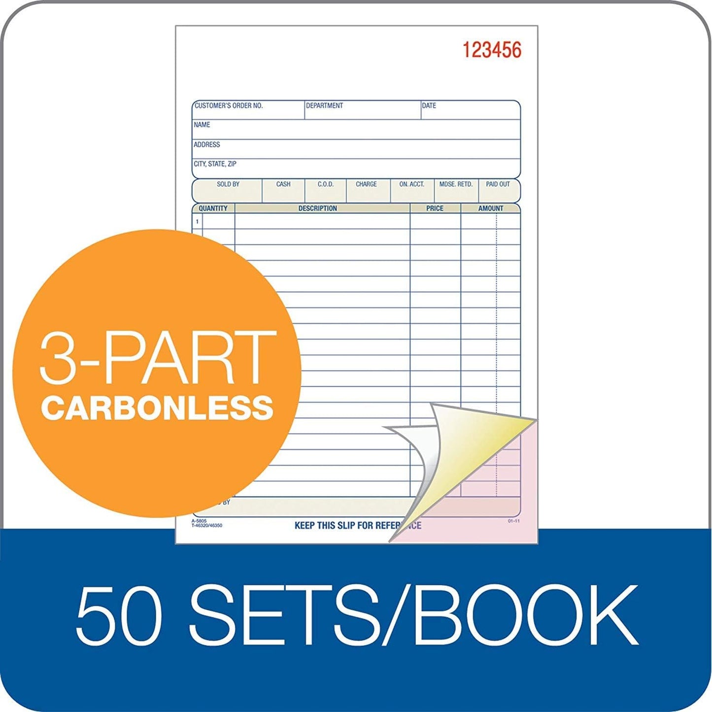 Adams Sales Order Book, 3-Part, Carbonless, White/Canary/Pink, 5-9/16" x 8-7/16", Bound Wraparound Cover, 50 Sets per Book, 5 Books, 250 Sets Total (TC5805)