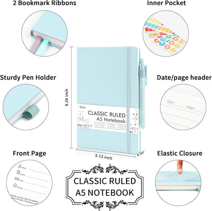feela College Ruled Notebooks, 24 Pack Business Notebook Hardcover Lined Writing Journal with Pen Holder for Men Women Note Taking, with 24 Black Pens, 120 GSM, 5.1”x8.3”, A5, White